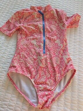 Mini Boden Pink Mermaid Zip-Front One-Piece Swimsuit with Purple Zipper